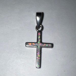 Dainty CI 925 Sterling Opal Inlay Christian Cross Crucifix Pendant